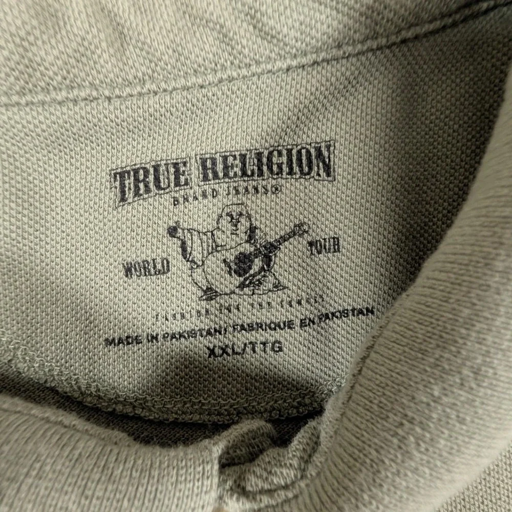 True Religion Polo Shirt Mens XXL Sage Green Short Sleeve Horseshoe Logo Pique